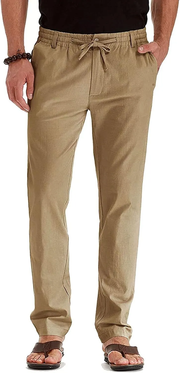 Cotton Men's Casual Elastic Waist Drawstring Straight Leg Comfortable Lounge Daily Summer Beachwear Relaxed Bottoms
