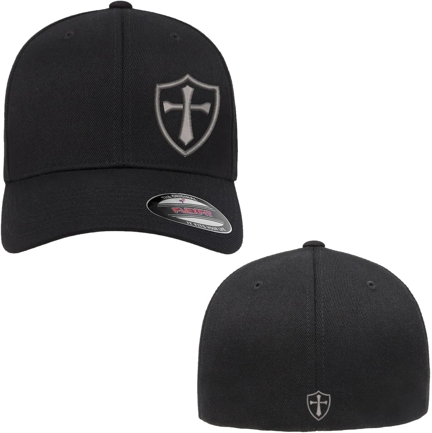 Crusader Cross Military Logo Front and Back Embroidered Flexfit Hat Black Grey Navy Red Olive Royal Blue Curved or Flat Brim