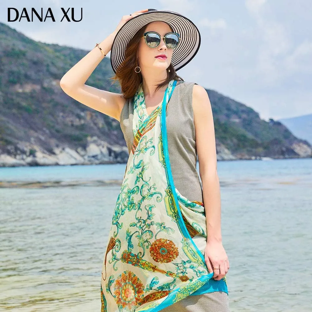 DANA XU 100% Pure Mulberry Crinkle Georgette Silk Large Size Wedding Pashmina Shawls and Wraps travel floral Scarf for Women