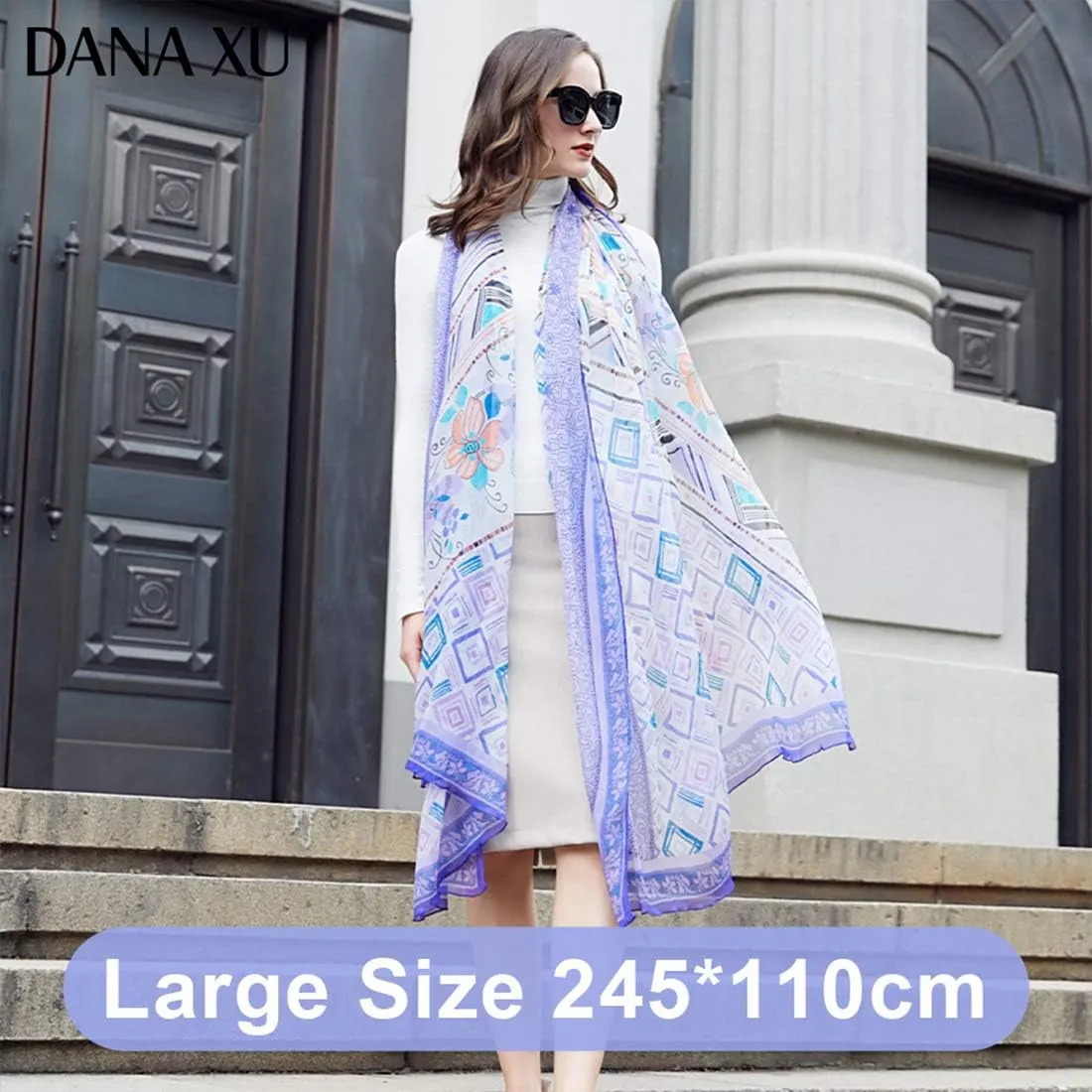 DANA XU 100% Pure Mulberry Crinkle Georgette Silk Large Size Wedding Pashmina Shawls and Wraps travel floral Scarf for Women