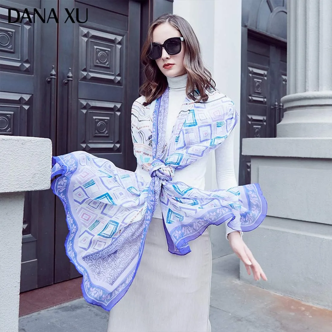 DANA XU 100% Pure Mulberry Crinkle Georgette Silk Large Size Wedding Pashmina Shawls and Wraps travel floral Scarf for Women