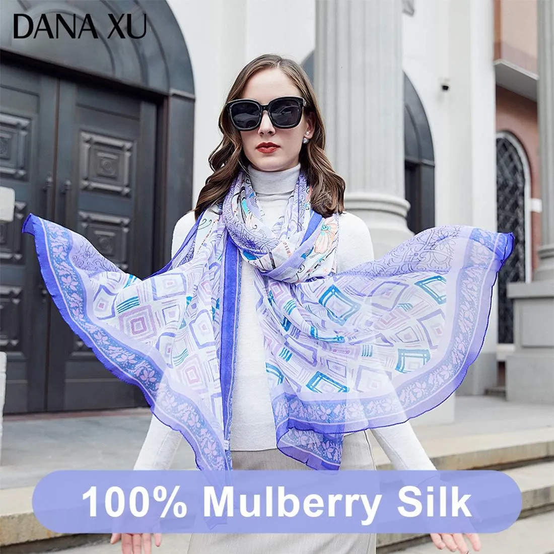 DANA XU 100% Pure Mulberry Crinkle Georgette Silk Large Size Wedding Pashmina Shawls and Wraps travel floral Scarf for Women
