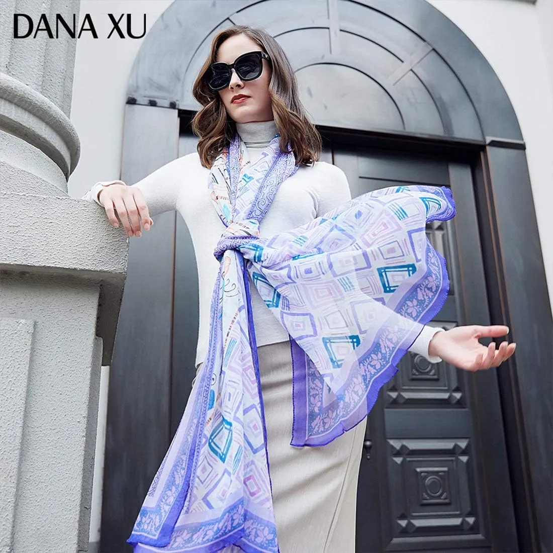 DANA XU 100% Pure Mulberry Crinkle Georgette Silk Large Size Wedding Pashmina Shawls and Wraps travel floral Scarf for Women