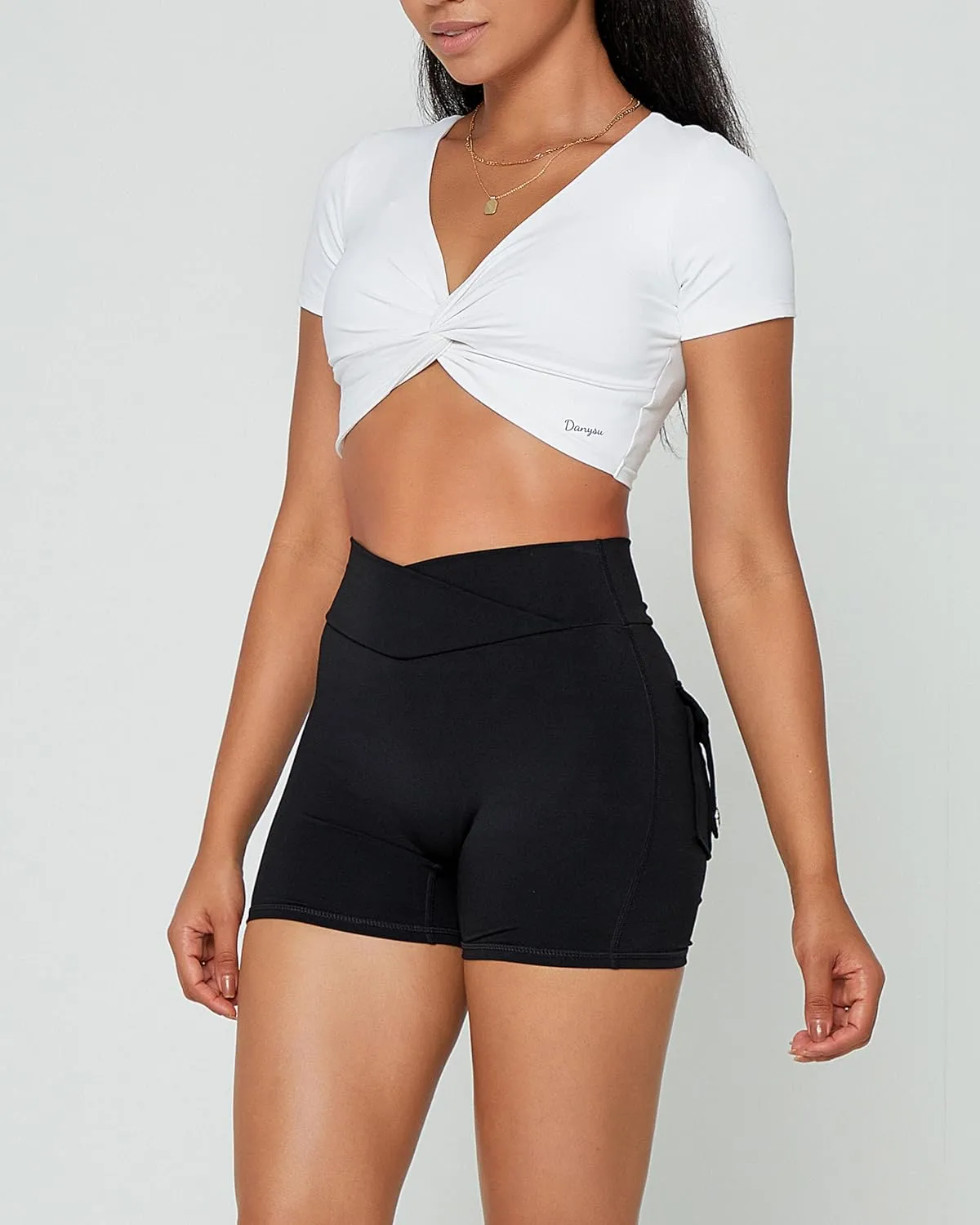 Danysu Women Pocket Shorts Cross High Waist Scrunch Butt Booty Workout Lifting Athletic Gym Bottoms