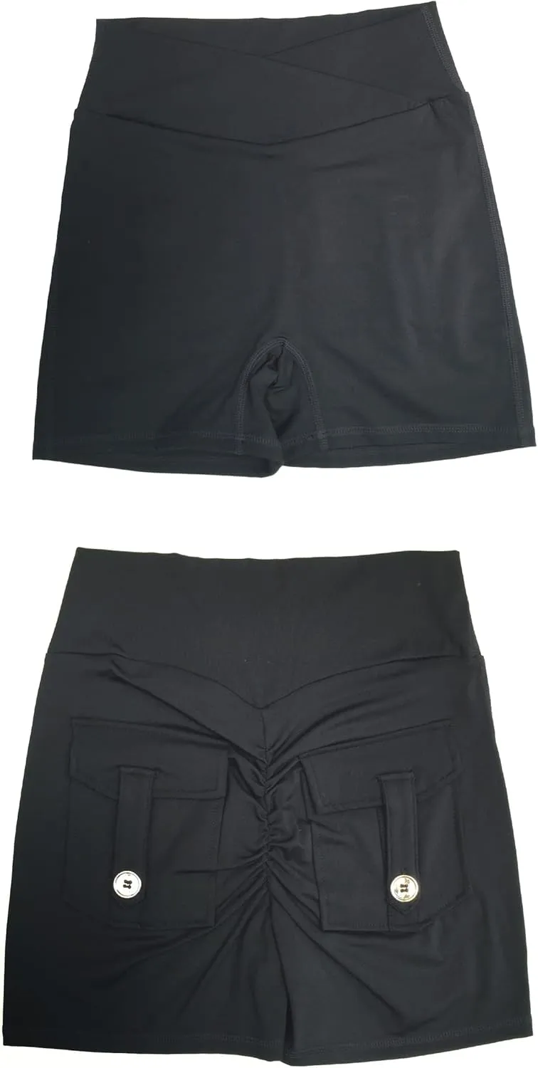 Danysu Women Pocket Shorts Cross High Waist Scrunch Butt Booty Workout Lifting Athletic Gym Bottoms