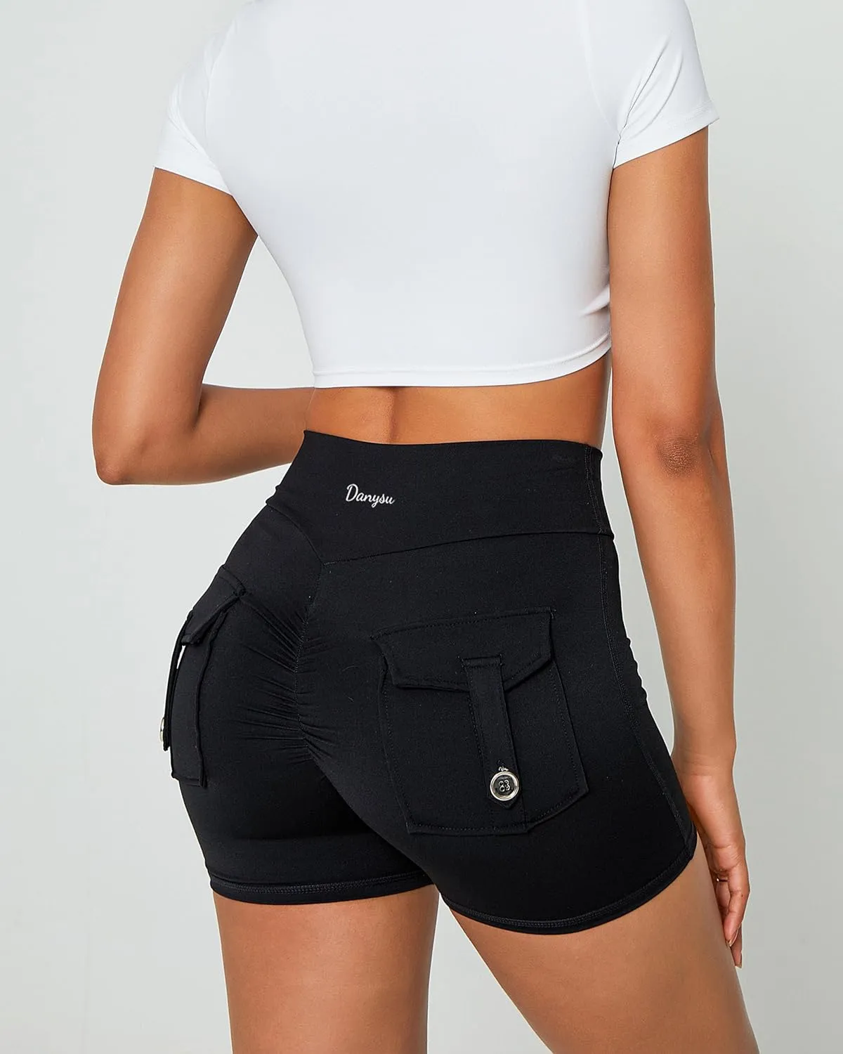Danysu Women Pocket Shorts Cross High Waist Scrunch Butt Booty Workout Lifting Athletic Gym Bottoms