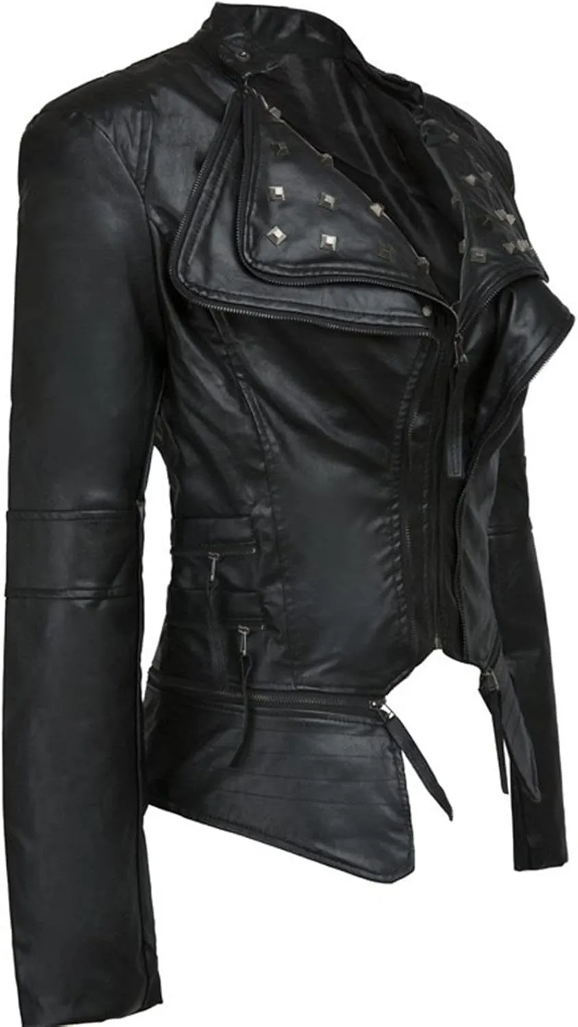 DGHM-JLMY Women's Zipper Rivet Leather Jacket Moto Pu Leather Biker Jacket Casual Personalized Motorcycle Jacket