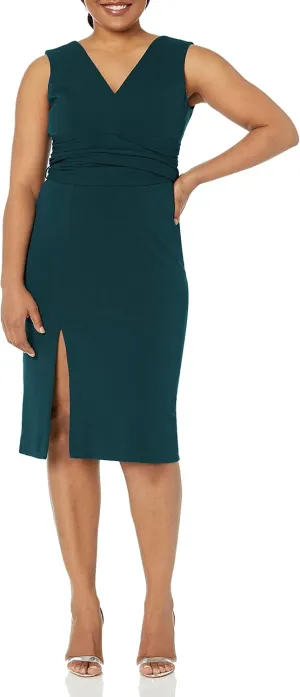 DRESS THE POPULATION Women's Alessia Sleeveless Plunge Neckline Waist Tie Midi Dress
