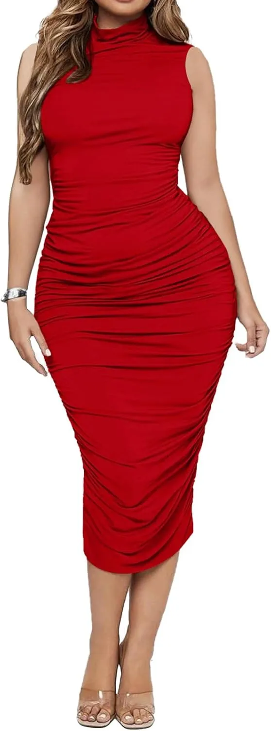 Ekaliy Women's Ruched Bodycon Midi Dress Sexy Mock Neck Sleeveless Pencil Dresses