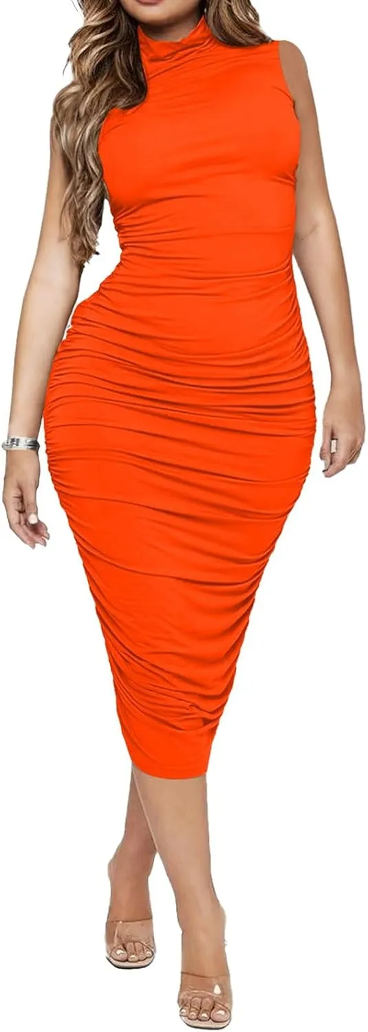 Ekaliy Women's Ruched Bodycon Midi Dress Sexy Mock Neck Sleeveless Pencil Dresses