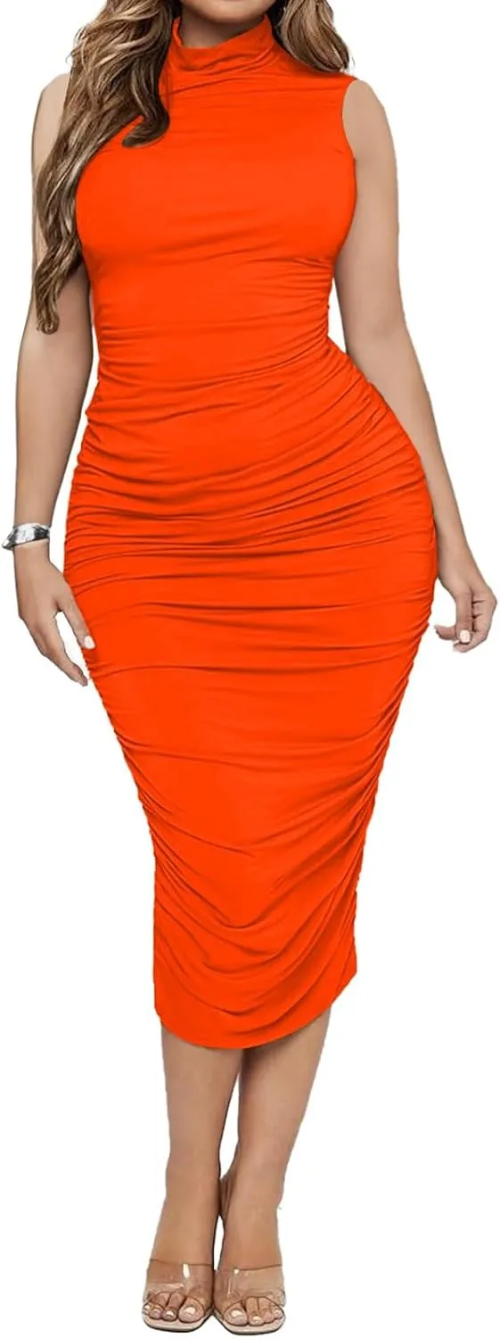 Ekaliy Women's Ruched Bodycon Midi Dress Sexy Mock Neck Sleeveless Pencil Dresses