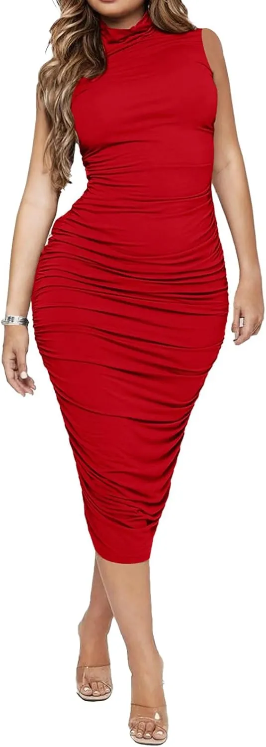 Ekaliy Women's Ruched Bodycon Midi Dress Sexy Mock Neck Sleeveless Pencil Dresses