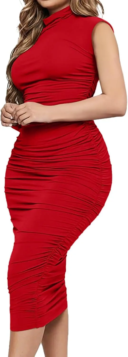 Ekaliy Women's Ruched Bodycon Midi Dress Sexy Mock Neck Sleeveless Pencil Dresses