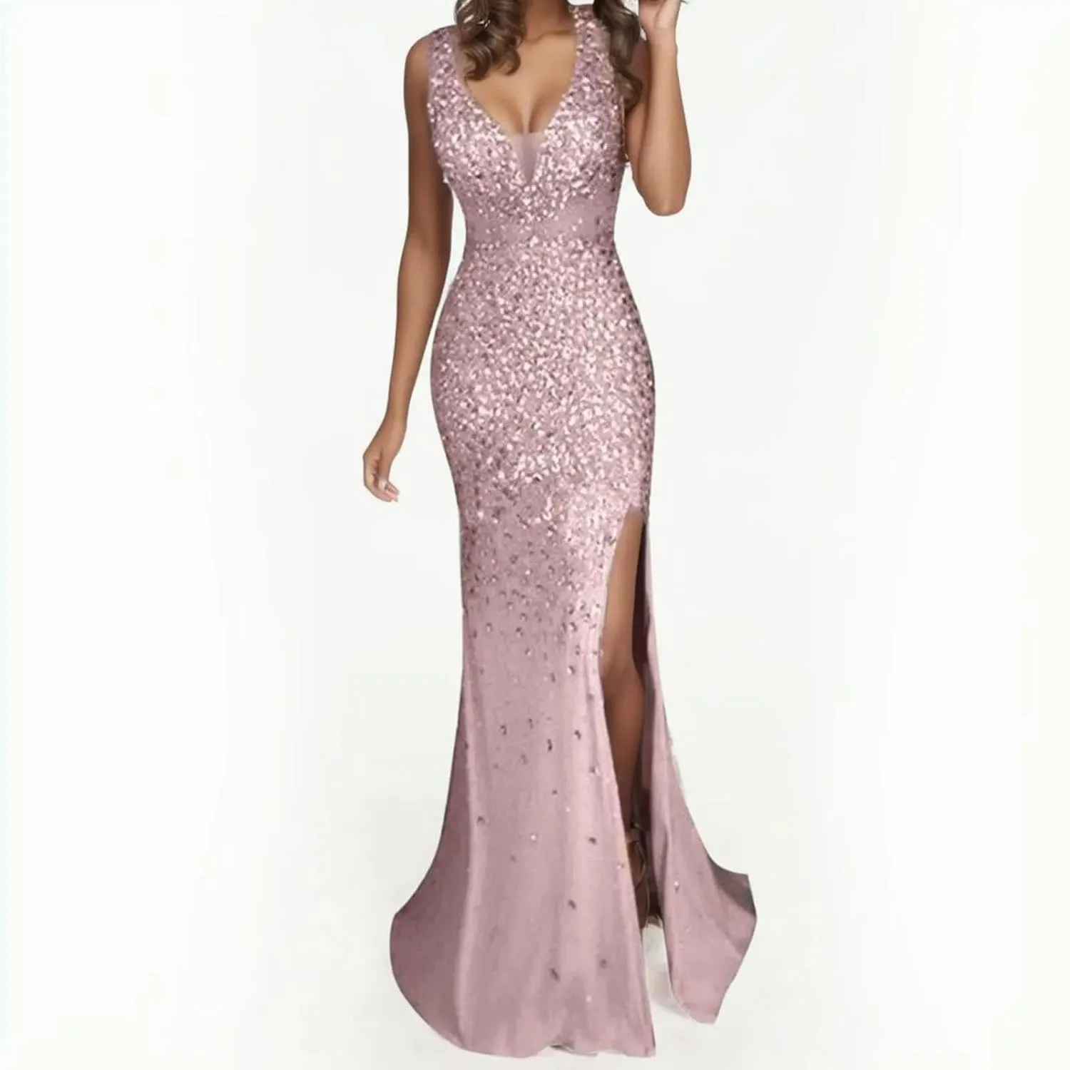 Elegant Bodycon Dress Women Summer Long Gold Party Dress Ball Evening Gown Bridesmaid Sequin Prom V Neck Women's Dress-Pink-XXL