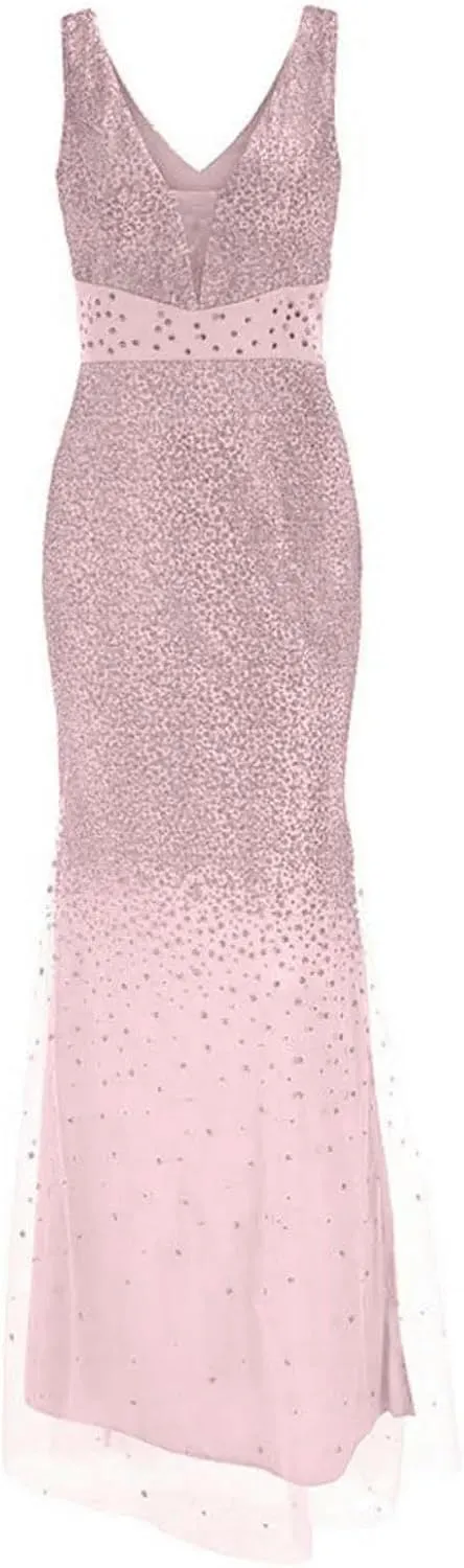 Elegant Bodycon Dress Women Summer Long Gold Party Dress Ball Evening Gown Bridesmaid Sequin Prom V Neck Women's Dress-Pink-XXL