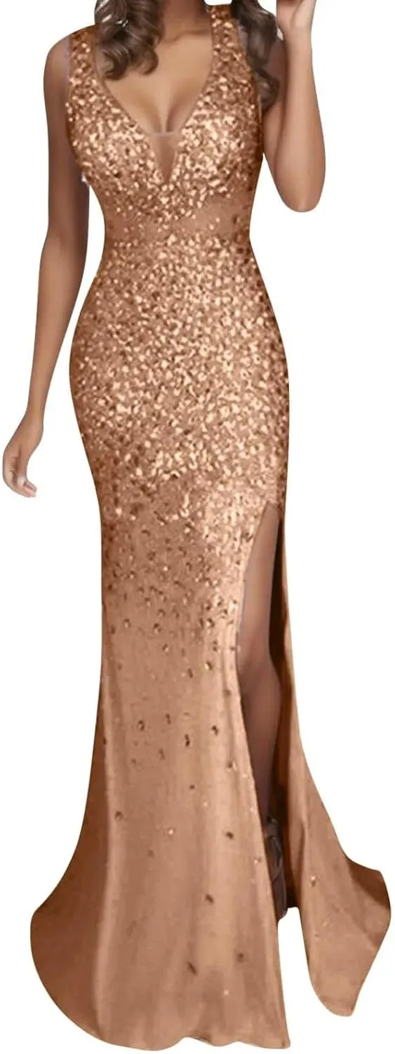 Elegant Bodycon Dress Women Summer Long Gold Party Dress Ball Evening Gown Bridesmaid Sequin Prom V Neck Women's Dress-Pink-XXL
