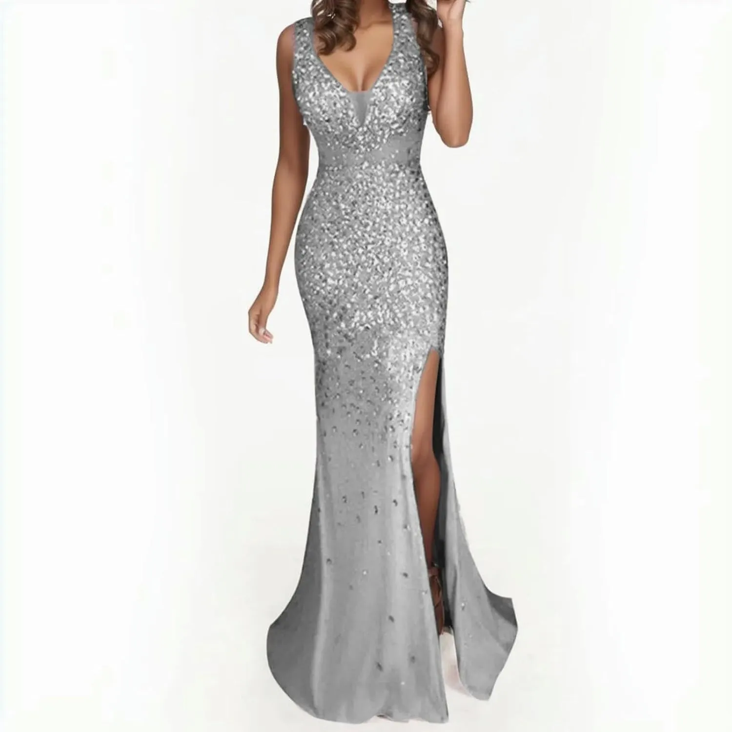 Elegant Bodycon Dress Women Summer Long Gold Party Dress Ball Evening Gown Bridesmaid Sequin Prom V Neck Women's Dress-Pink-XXL