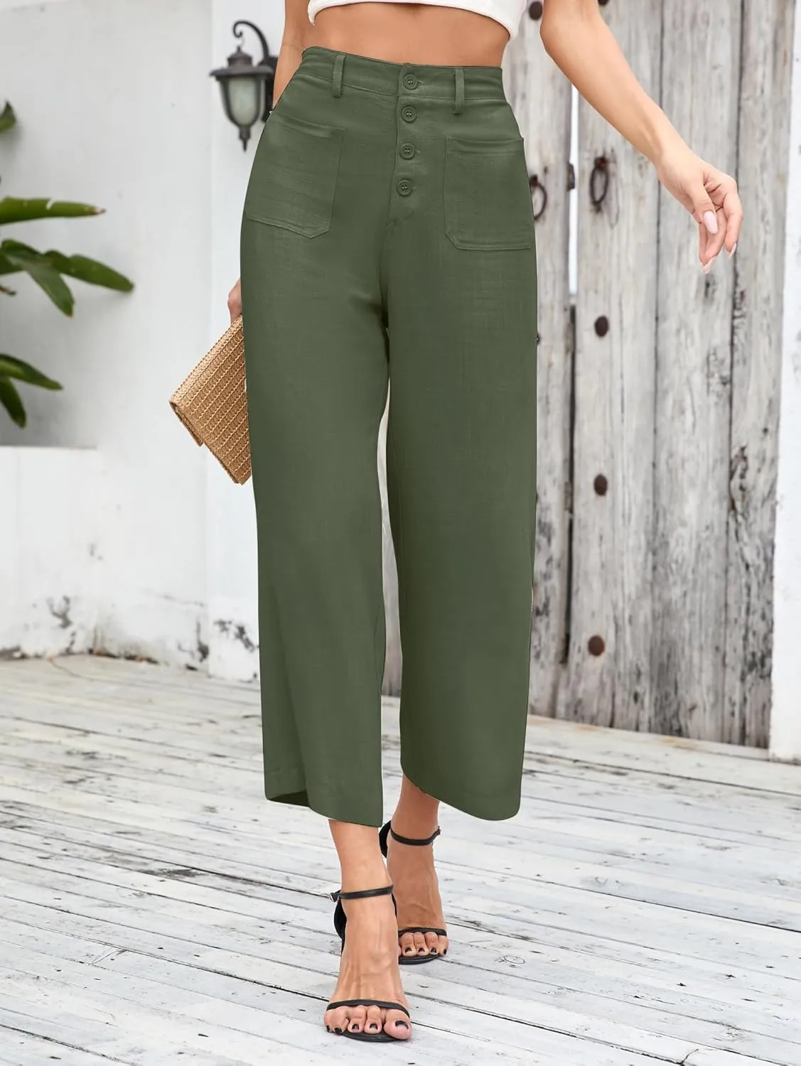 Famulily Womens Linen Pants for Summer Button Down Wide Leg Cropped Pants Casual Capri Pants with Pockets