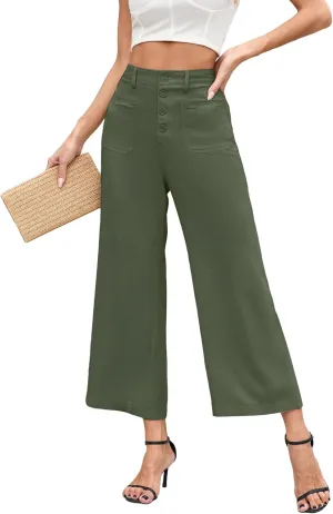 Famulily Womens Linen Pants for Summer Button Down Wide Leg Cropped Pants Casual Capri Pants with Pockets