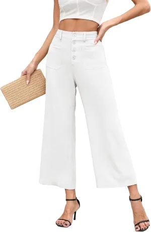 Famulily Womens Linen Pants for Summer Button Down Wide Leg Cropped Pants Casual Capri Pants with Pockets