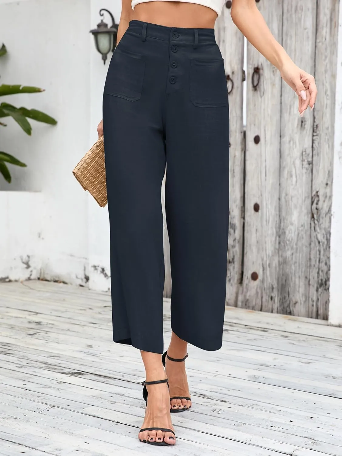 Famulily Womens Linen Pants for Summer Button Down Wide Leg Cropped Pants Casual Capri Pants with Pockets