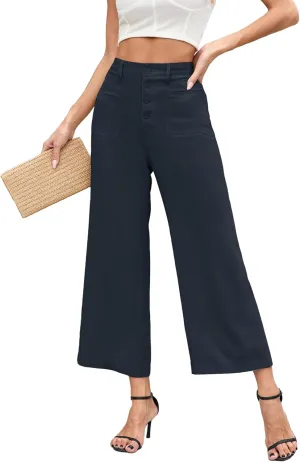 Famulily Womens Linen Pants for Summer Button Down Wide Leg Cropped Pants Casual Capri Pants with Pockets