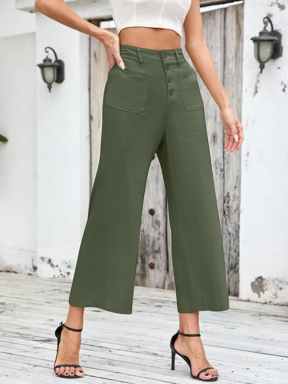 Famulily Womens Linen Pants for Summer Button Down Wide Leg Cropped Pants Casual Capri Pants with Pockets