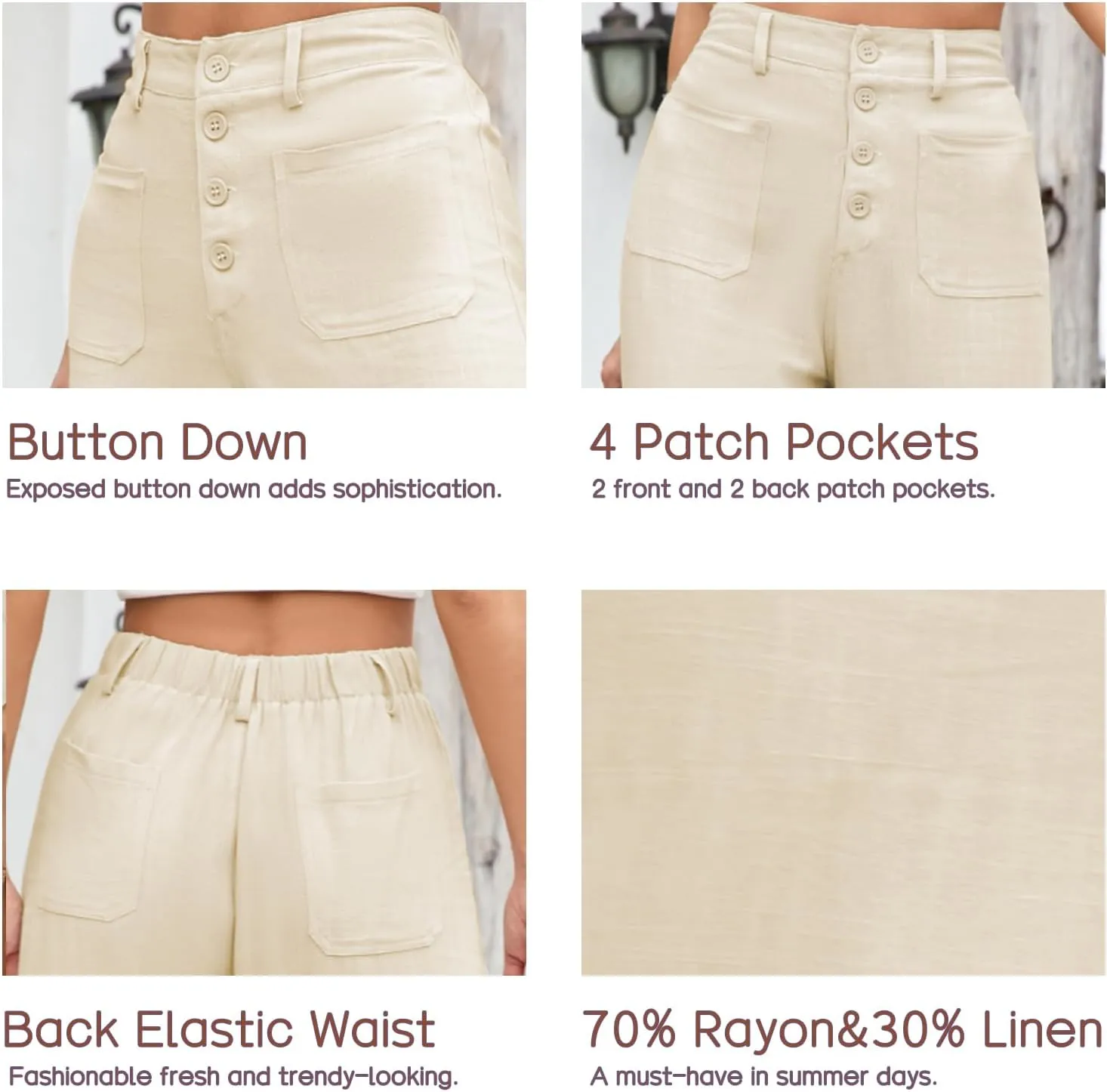 Famulily Womens Linen Pants for Summer Button Down Wide Leg Cropped Pants Casual Capri Pants with Pockets