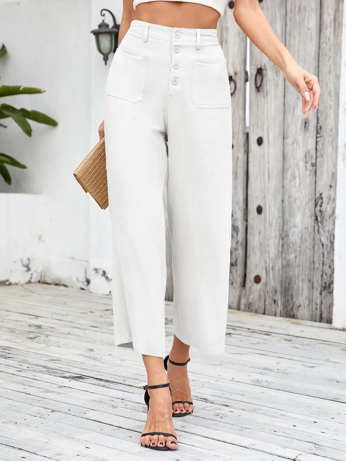 Famulily Womens Linen Pants for Summer Button Down Wide Leg Cropped Pants Casual Capri Pants with Pockets