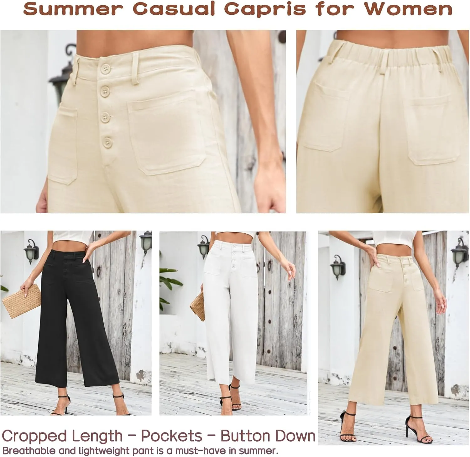 Famulily Womens Linen Pants for Summer Button Down Wide Leg Cropped Pants Casual Capri Pants with Pockets