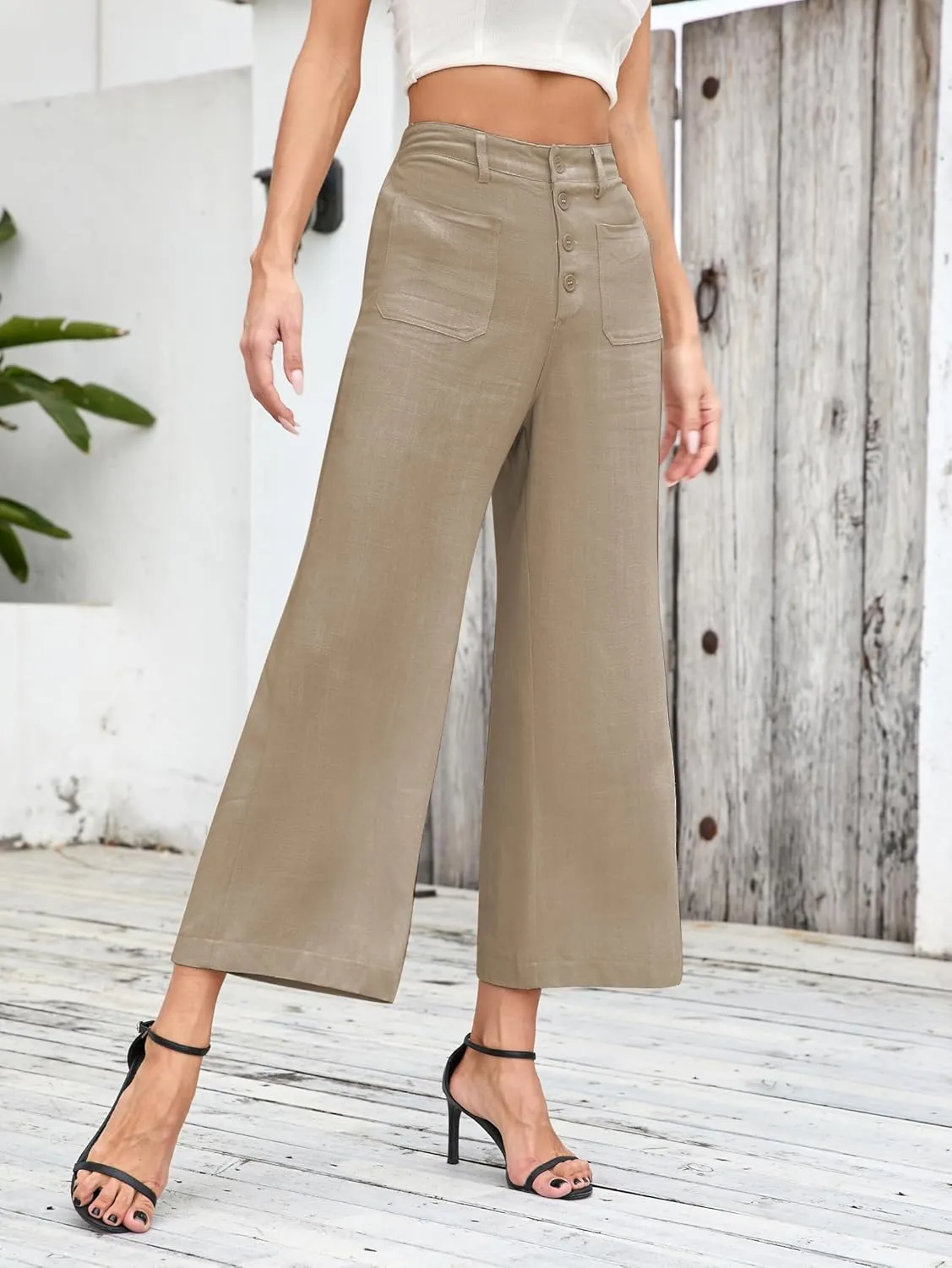 Famulily Womens Linen Pants for Summer Button Down Wide Leg Cropped Pants Casual Capri Pants with Pockets