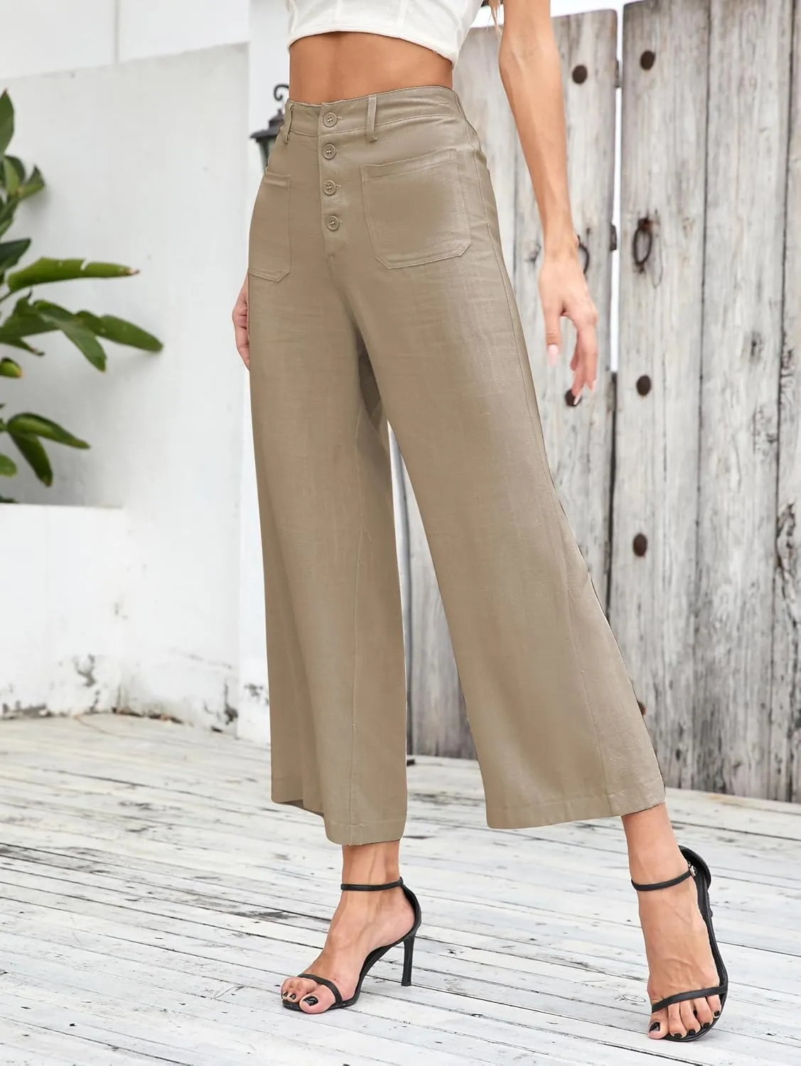 Famulily Womens Linen Pants for Summer Button Down Wide Leg Cropped Pants Casual Capri Pants with Pockets