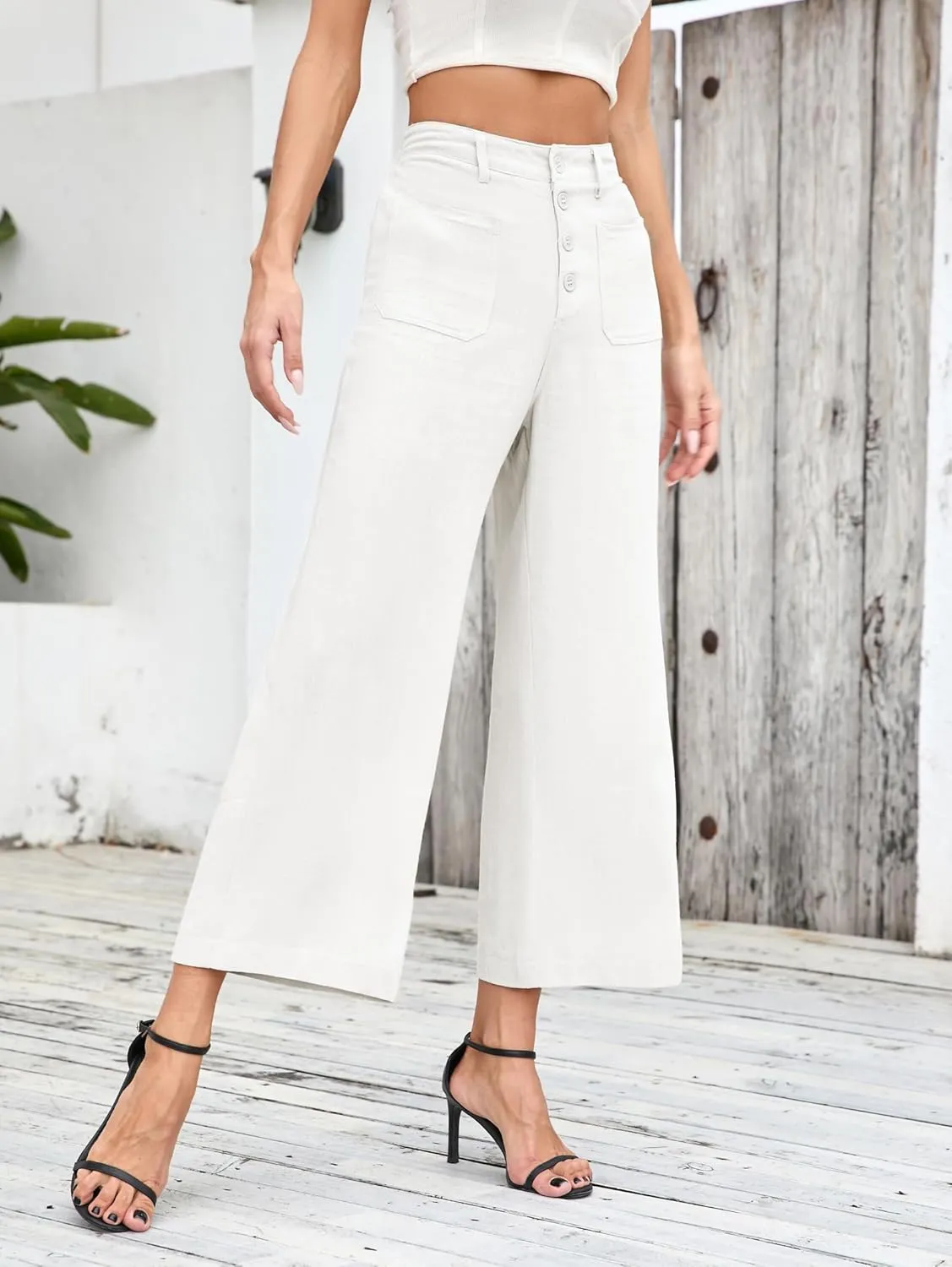 Famulily Womens Linen Pants for Summer Button Down Wide Leg Cropped Pants Casual Capri Pants with Pockets