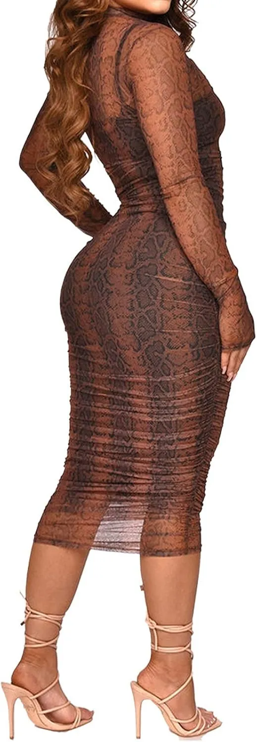 Fastkoala Women Sexy Long Sleeve Printed Sheer Mesh Bodycon Midi Dress See Through Slim Fit Party Clubwear Night Dress