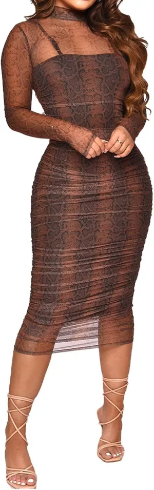 Fastkoala Women Sexy Long Sleeve Printed Sheer Mesh Bodycon Midi Dress See Through Slim Fit Party Clubwear Night Dress