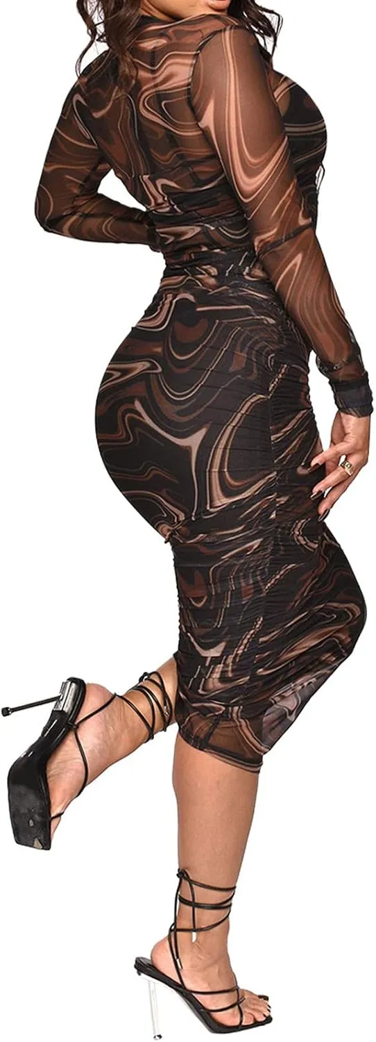 Fastkoala Women Sexy Long Sleeve Printed Sheer Mesh Bodycon Midi Dress See Through Slim Fit Party Clubwear Night Dress