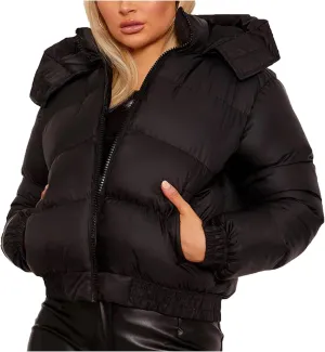 Firzero Women's Long Sleeve Puffer Jacket Zip Baggy Short Down Coats 2024 Winter Warm Outwear Solid Cropped Windbreaker