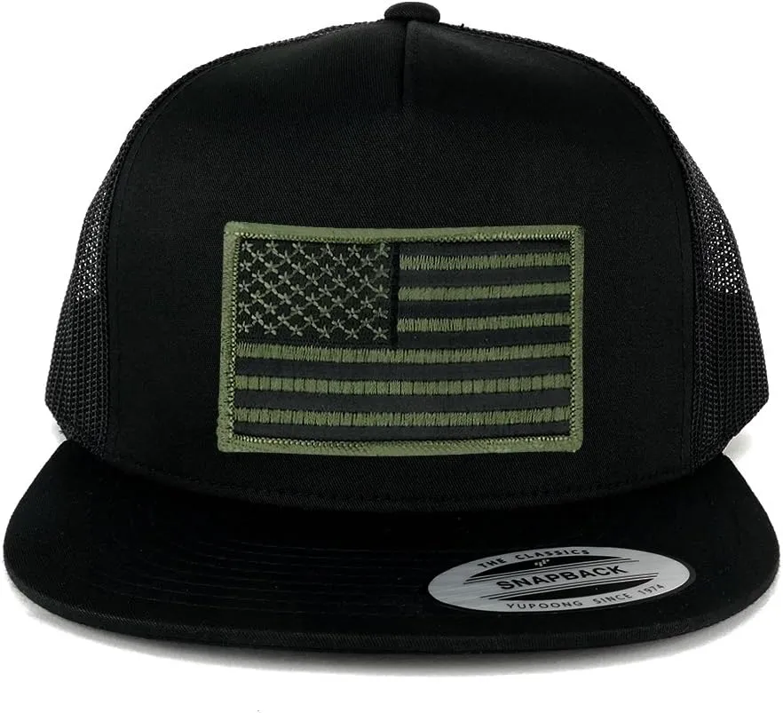 Flexfit Oversize XXL Olive USA Flag Patch 5 Panel Flatbill Snapback Mesh Cap