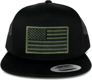 Flexfit Oversize XXL Olive USA Flag Patch 5 Panel Flatbill Snapback Mesh Cap