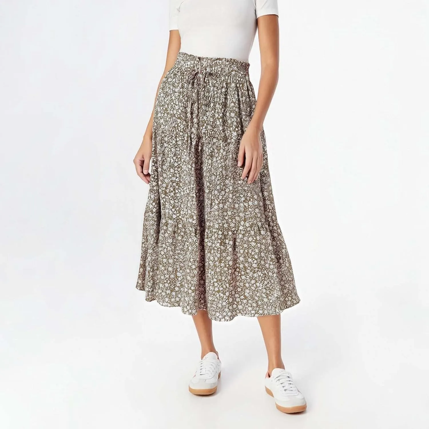 Floral Maxi Skirt for Women Summer Comfy Tiered Elastic High Waisted Skirts Vacation A-Line Flowy Swing Long Skirts