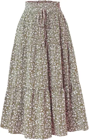 Floral Maxi Skirt for Women Summer Comfy Tiered Elastic High Waisted Skirts Vacation A-Line Flowy Swing Long Skirts