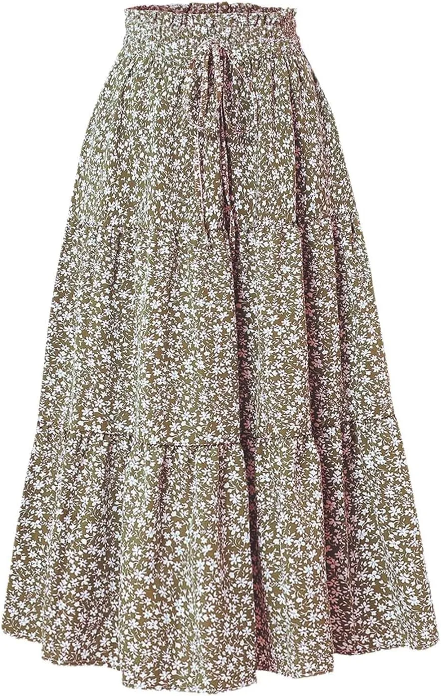 Floral Maxi Skirt for Women Summer Comfy Tiered Elastic High Waisted Skirts Vacation A-Line Flowy Swing Long Skirts