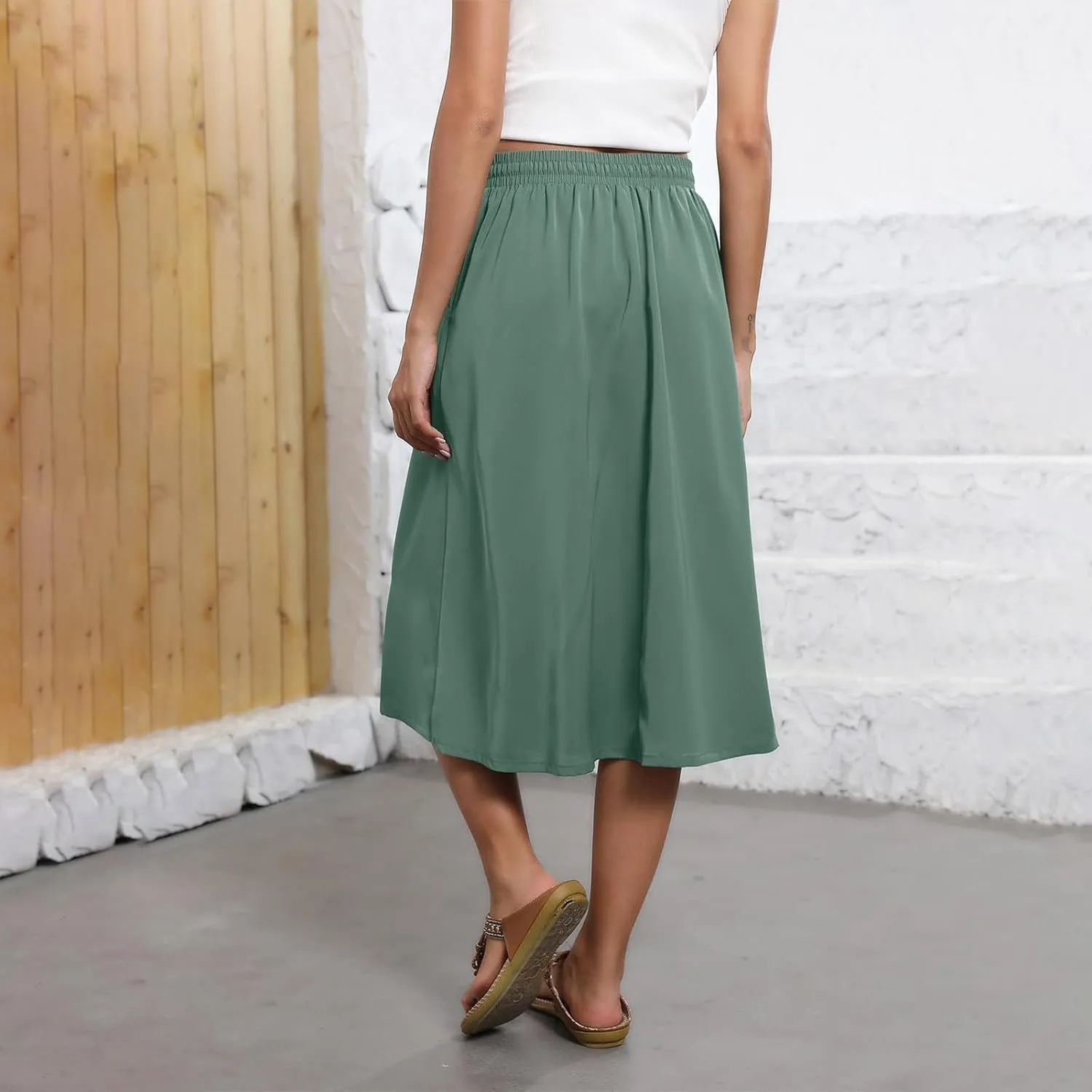 Floral Skirts for Women Trendy Drawstring High Waisted Flowy Boho Midi Skirts Y2k Pleated a Line Skirt with Pockets