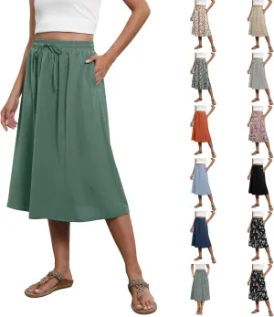 Floral Skirts for Women Trendy Drawstring High Waisted Flowy Boho Midi Skirts Y2k Pleated a Line Skirt with Pockets