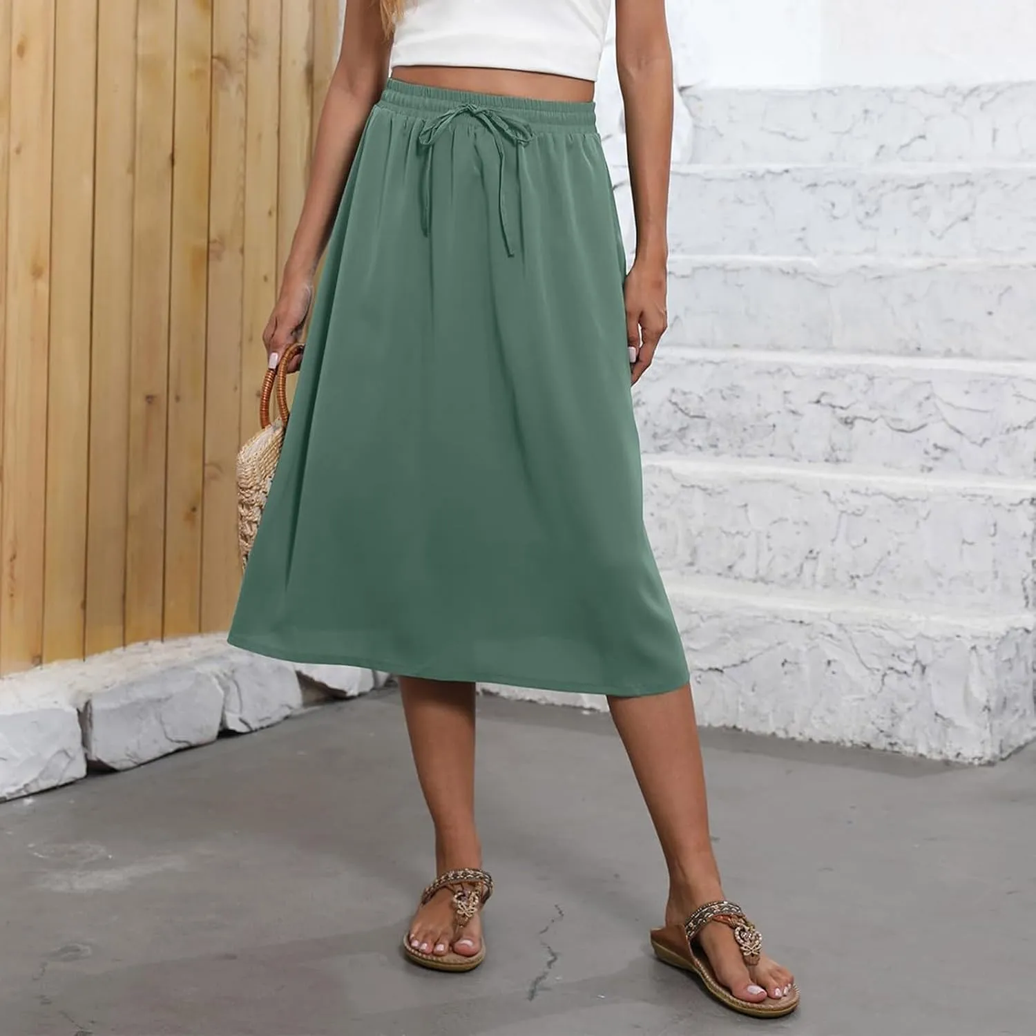 Floral Skirts for Women Trendy Drawstring High Waisted Flowy Boho Midi Skirts Y2k Pleated a Line Skirt with Pockets