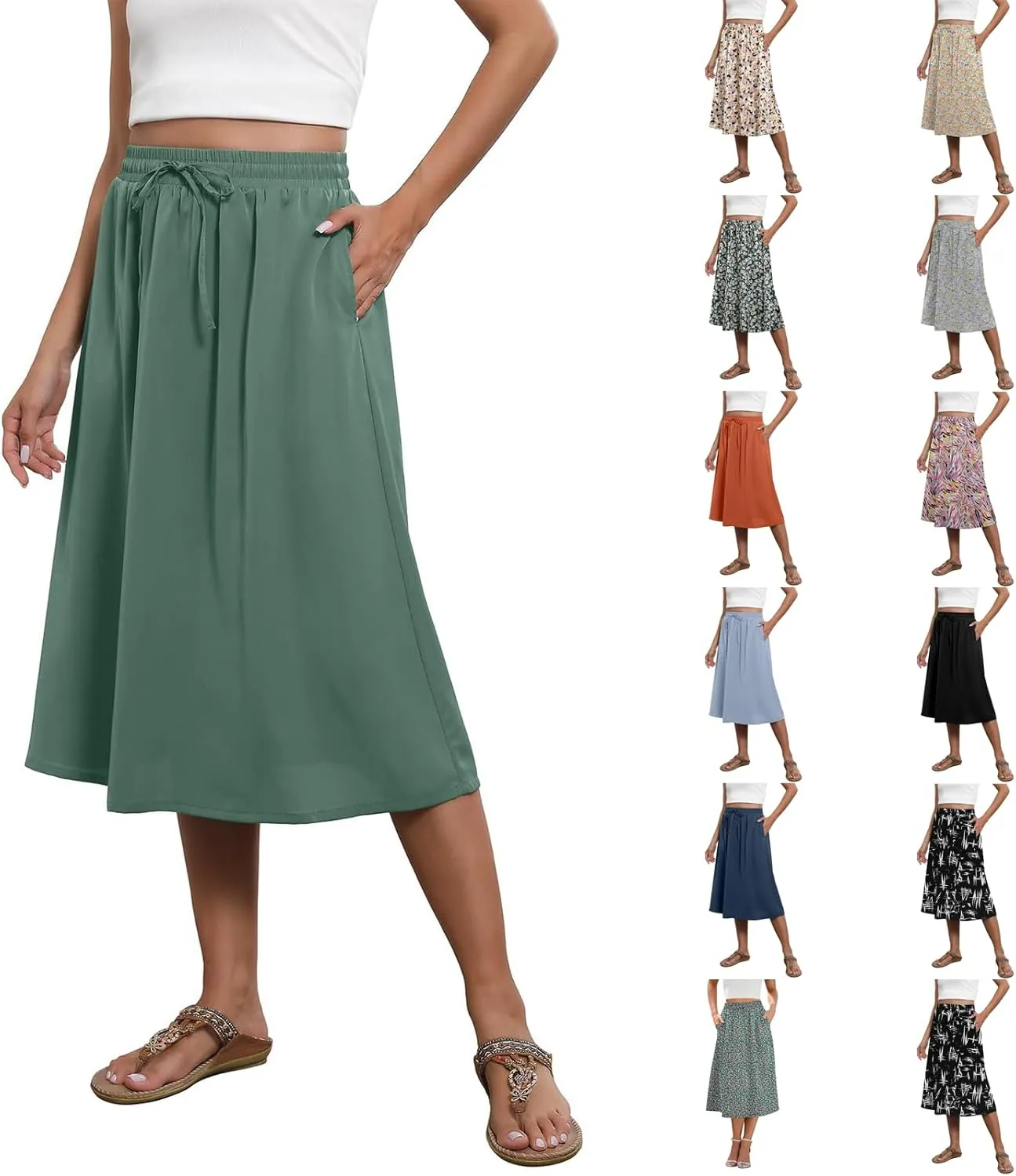 Floral Skirts for Women Trendy Drawstring High Waisted Flowy Boho Midi Skirts Y2k Pleated a Line Skirt with Pockets