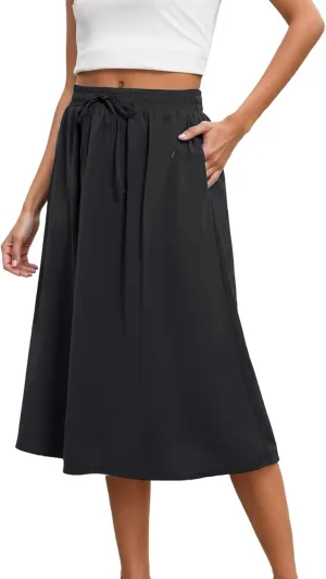 Flowy Skirt for Womem Knee Length Elastic High Waist A-Line Skirt with Pockets Bohemia Pleates Casual Maxi Skorts
