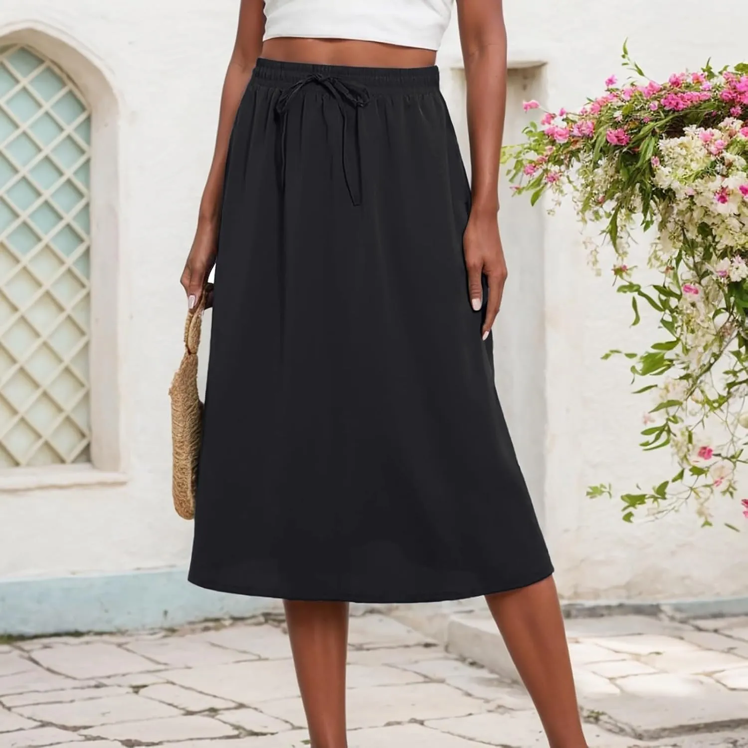 Flowy Skirt for Womem Knee Length Elastic High Waist A-Line Skirt with Pockets Bohemia Pleates Casual Maxi Skorts
