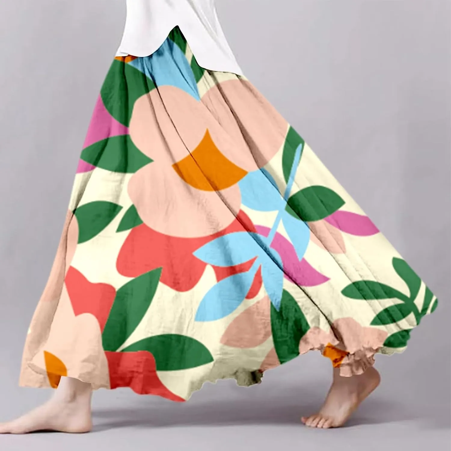 Flowy Skirts for Women Linen Tiered Ruffle Floral Long Skirt Flowy Summer 2025 High Waist Boho A Line Maxi Skorts