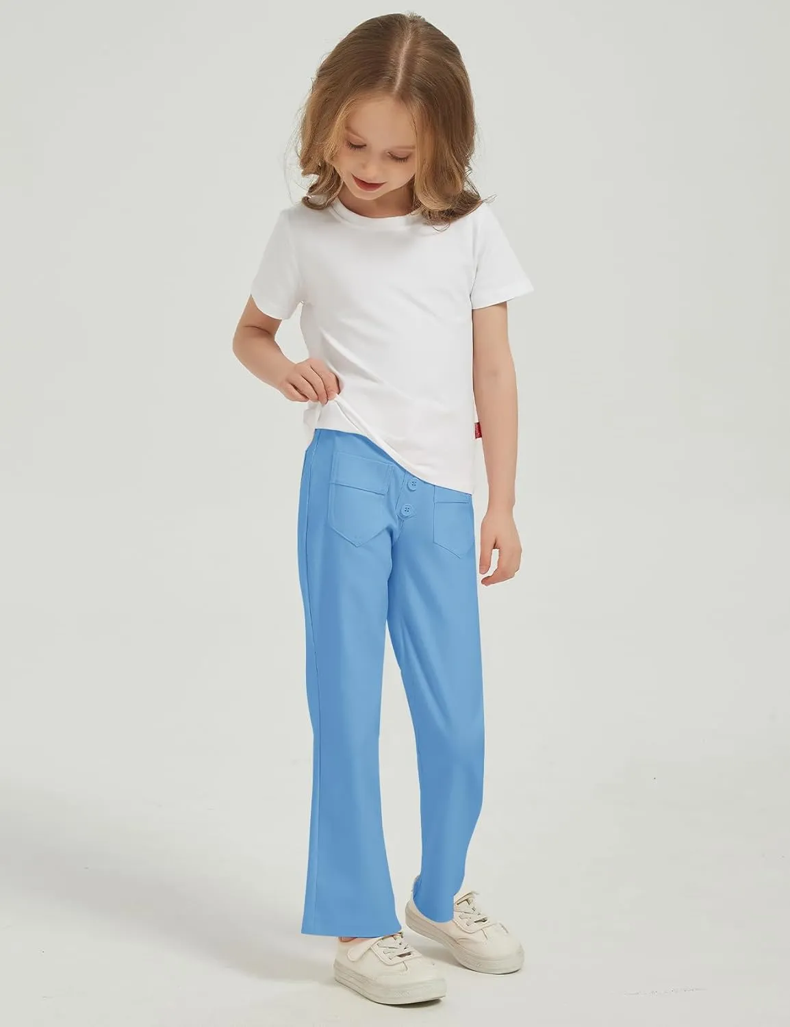 Flygo Girls Flare Yoga Pants Kids High Waisted Multiple Pockets Bell Bottoms Button Bootcut Stretchy Pants